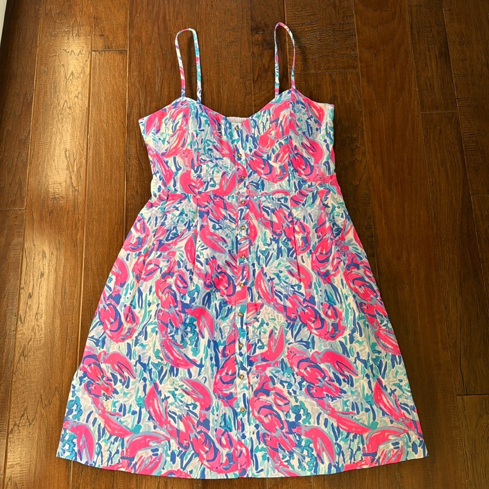 Lilly Pulitzer Easton Cosmic Coral Cracked Up Lobster Dress Size 14 Excellent